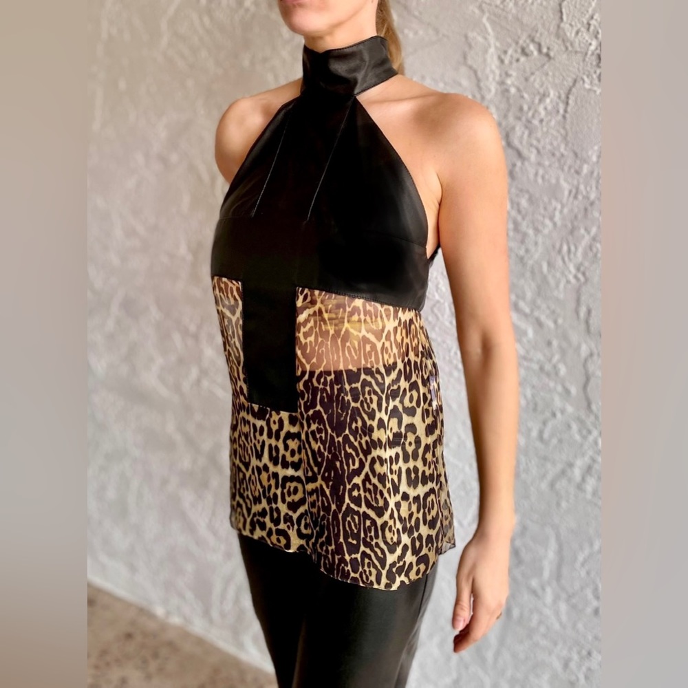 🐆New Authentic Givenchy sleeveless top silk leather collar animal print size 38